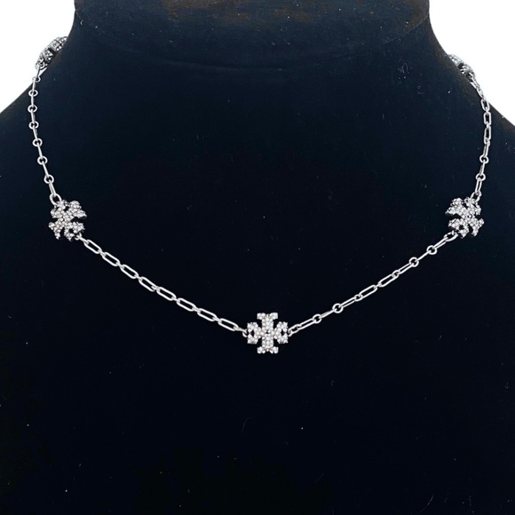 Auth NEW Tory Burch SILVER ROXANNE Sparkling Pavè Logo Pendant Necklace $345 - Picture 1 of 6
